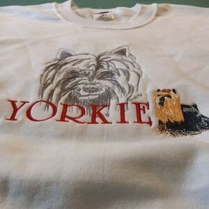 Yorkie White XL Women's Sweatshirt Stitched Yorkie Graphic Cottagecore